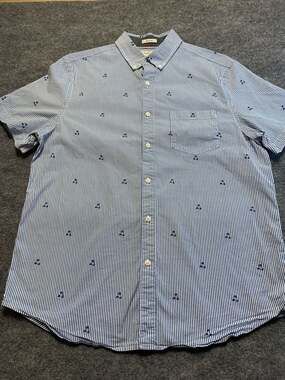 Hawker Rye Men L Blue White Striped Palm Tree Embroidered Short Sleeve Shirt